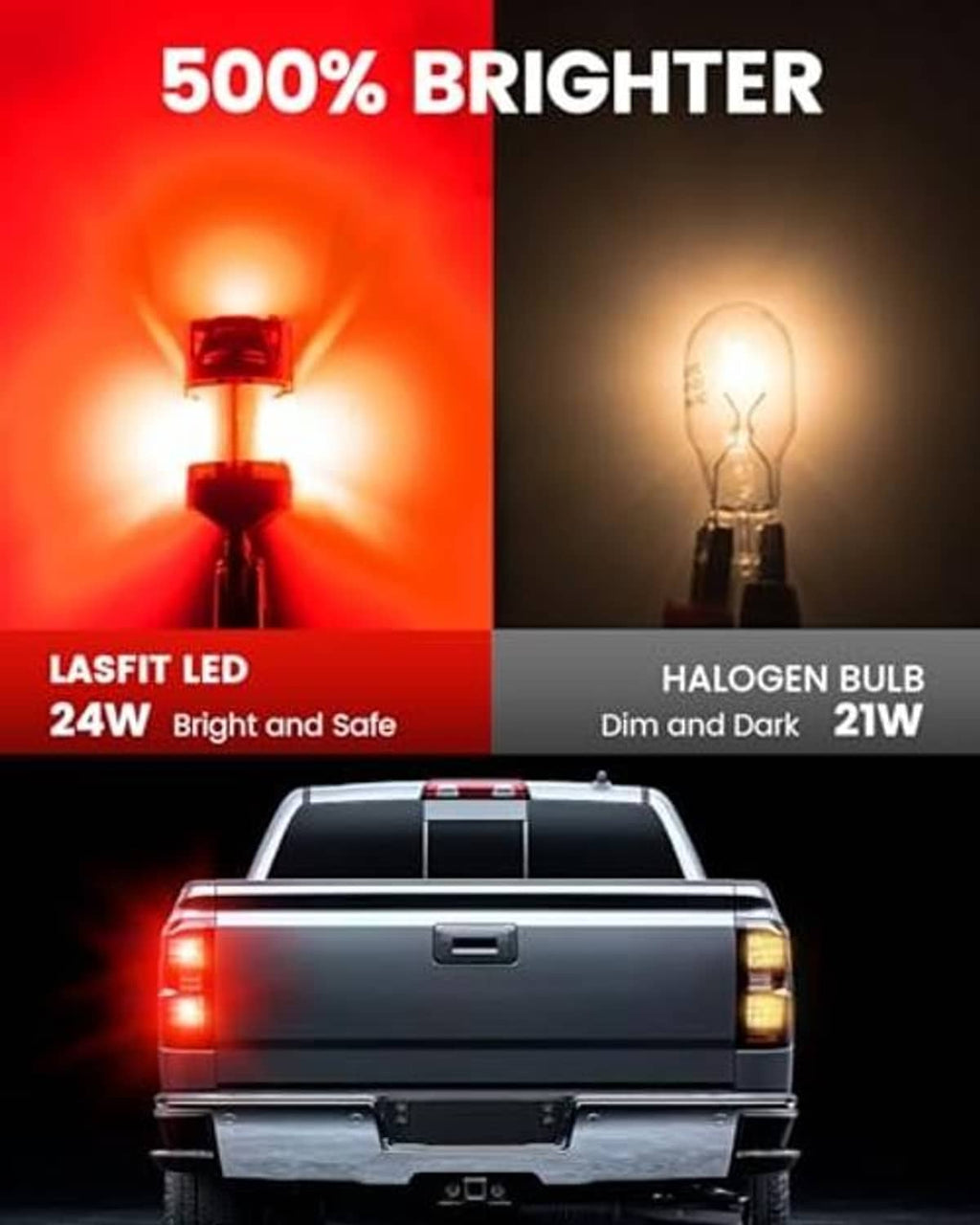 Glowing red LED brake light bulb in black base housing next to a halogen bulb