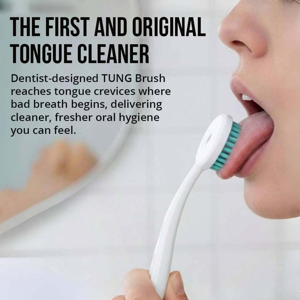 White tongue brush cleaning a person’s mouth to help freshen breath