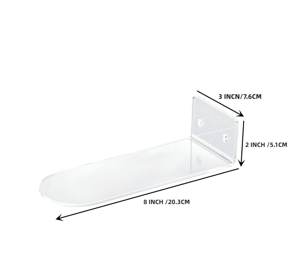 Clear floating shoe shelf with dimensions labeled: 8 in by 3 in by 2 in