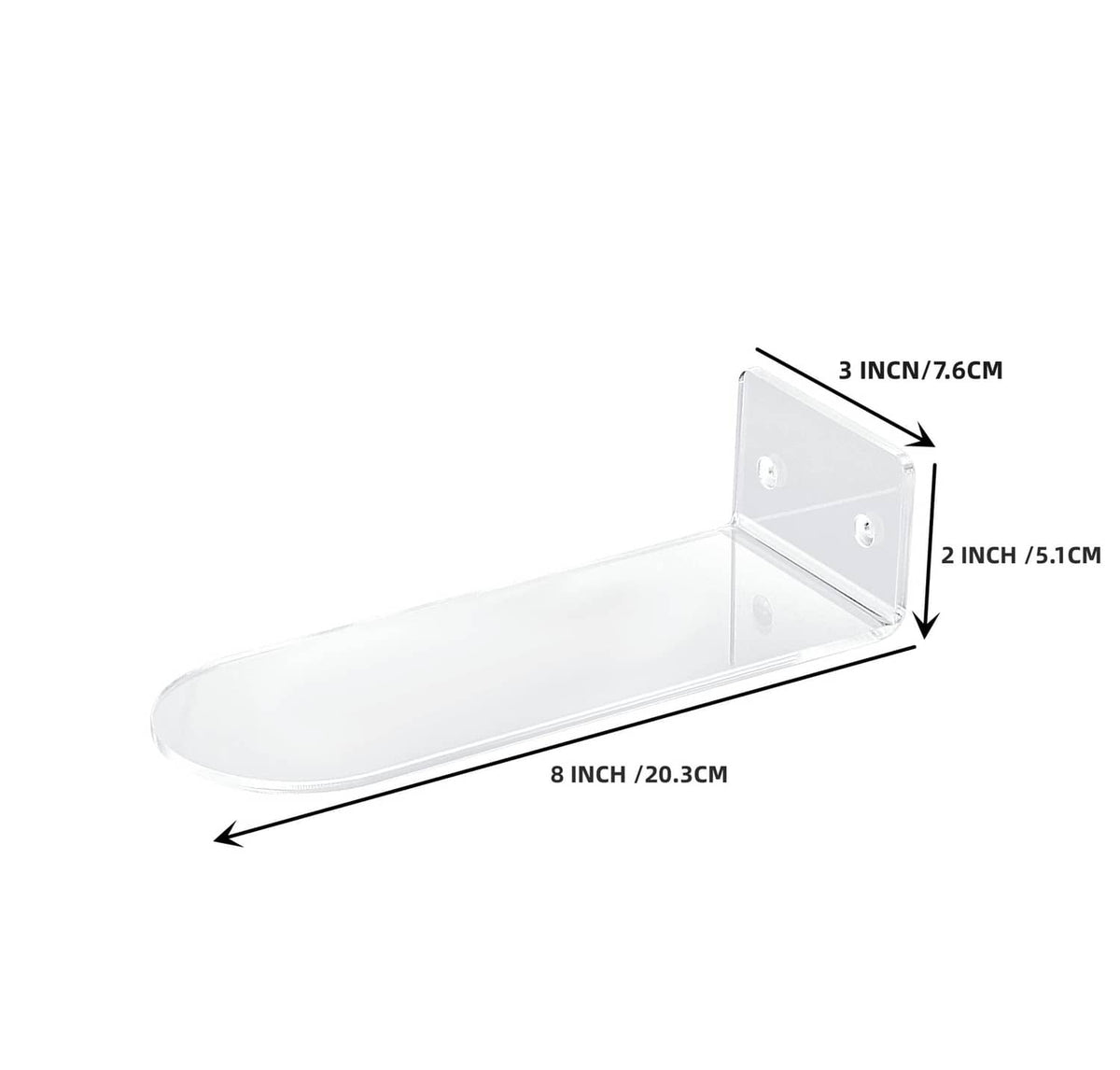 Clear floating shoe shelf with dimensions labeled: 8 in by 3 in by 2 in