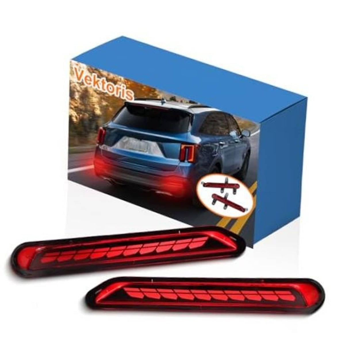 Red LED rear bumper reflector light with ribbed grid lens and curved housing.