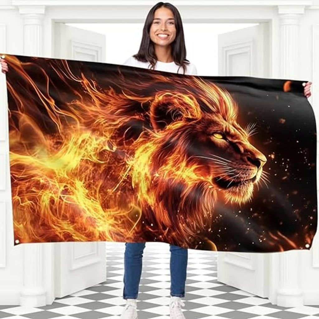 Lion flame artwork polyester flag, held open showing lion head and burning mane