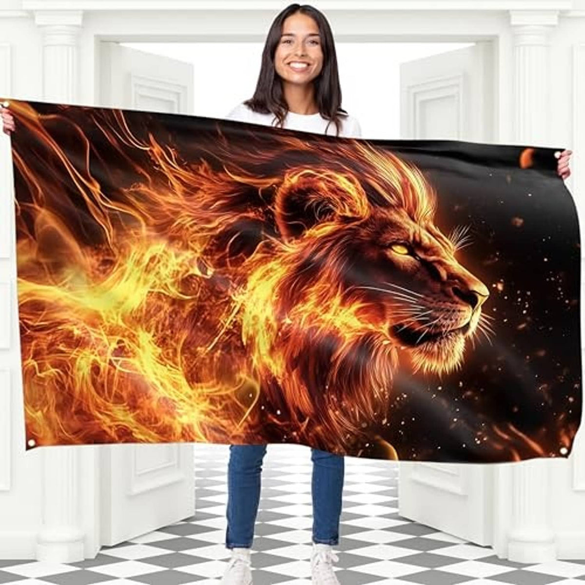 Lion flame artwork polyester flag, held open showing lion head and burning mane