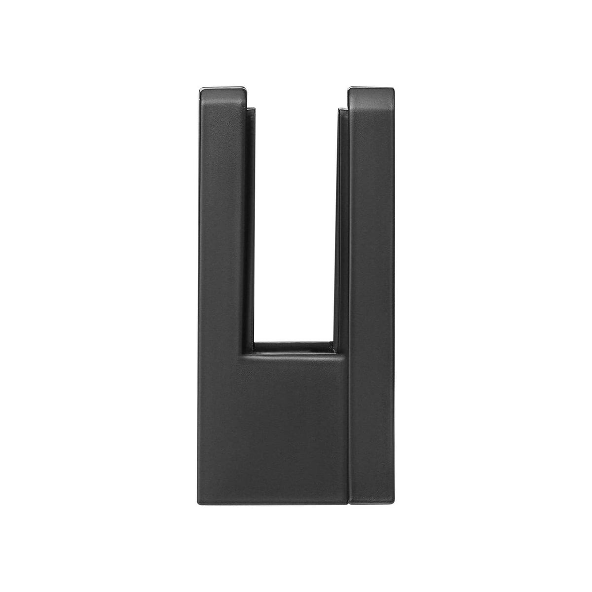 Black U-channel glass clamp bracket with internal opening for glass