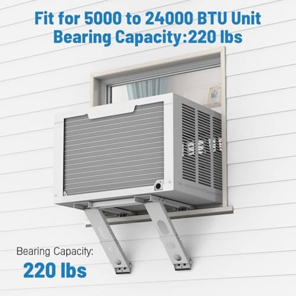White air conditioner mounting bracket supporting a window AC unit on four legs