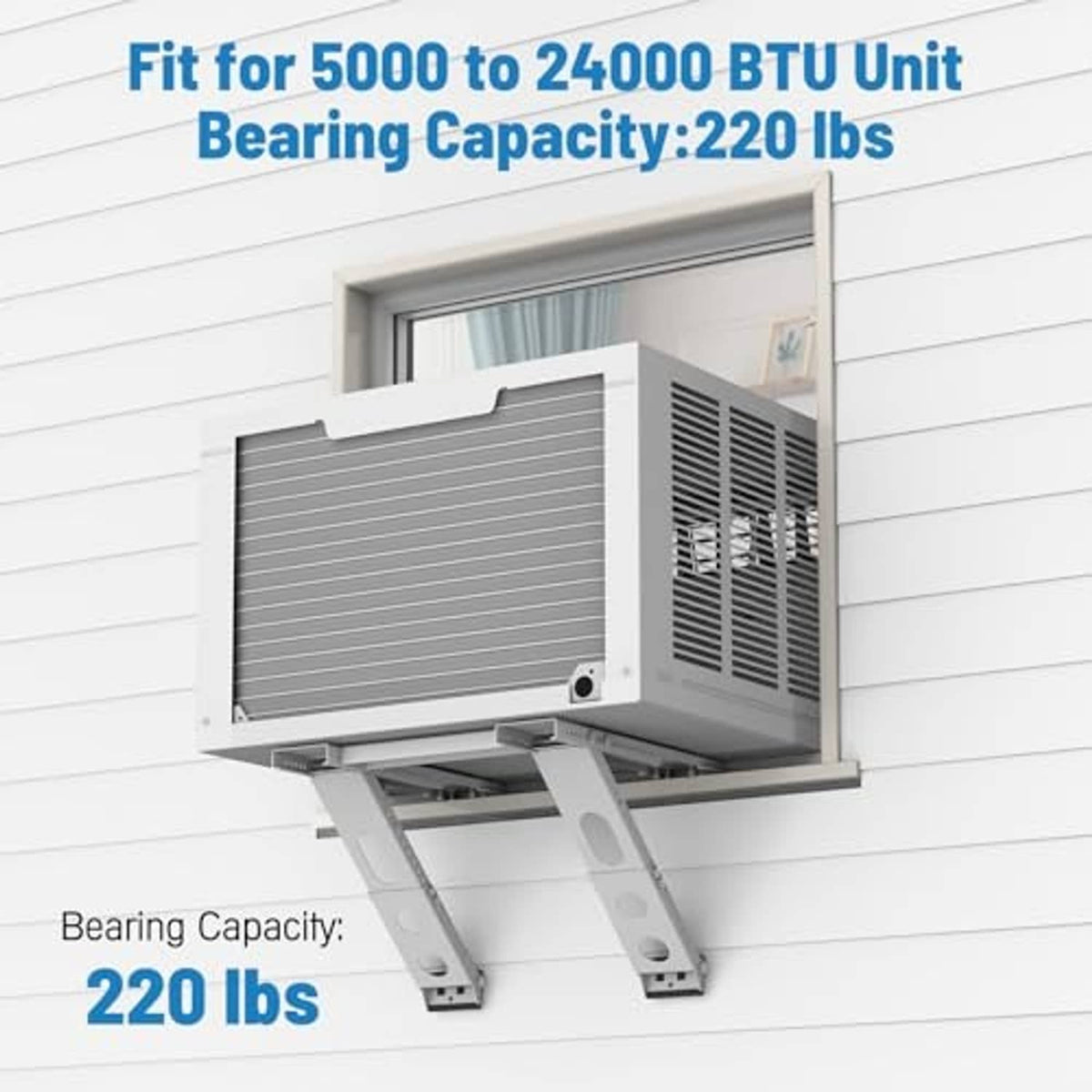 White air conditioner mounting bracket supporting a window AC unit on four legs