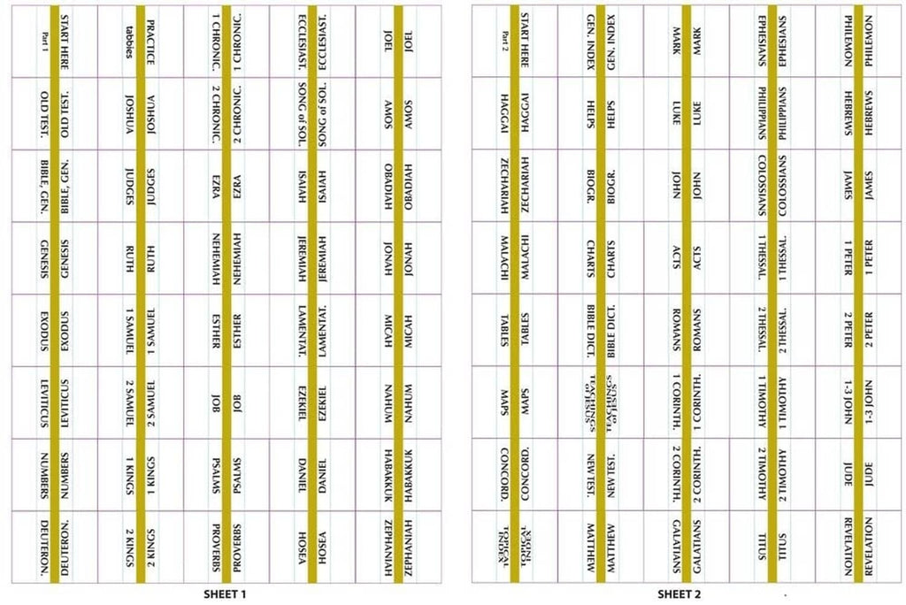 Sheet of printed Bible book-name tabs with gold and black labeling