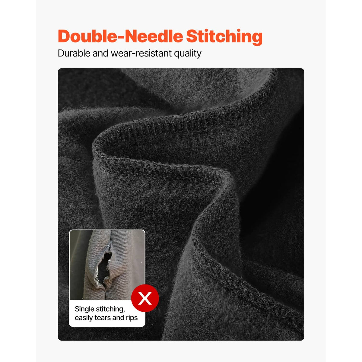 Black fleece hoodie fabric and stitched seam detail at the hem