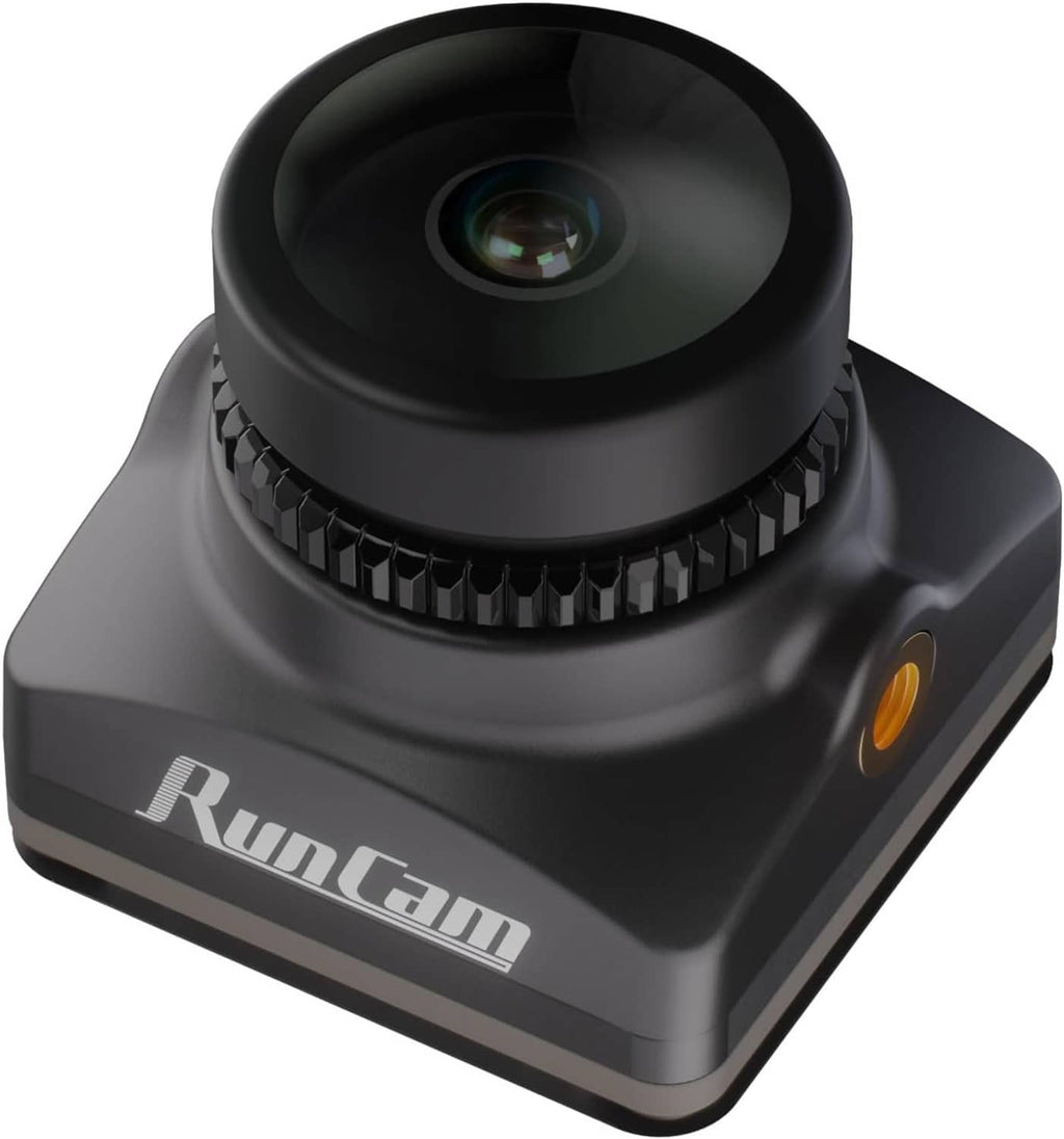 FPV camera front view with dark lens hood and RunCam logo, black body