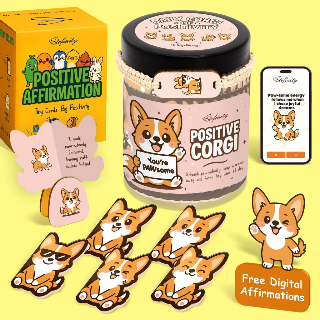 Positive corgi affirmation gift set with storage jar, box, and bracelet