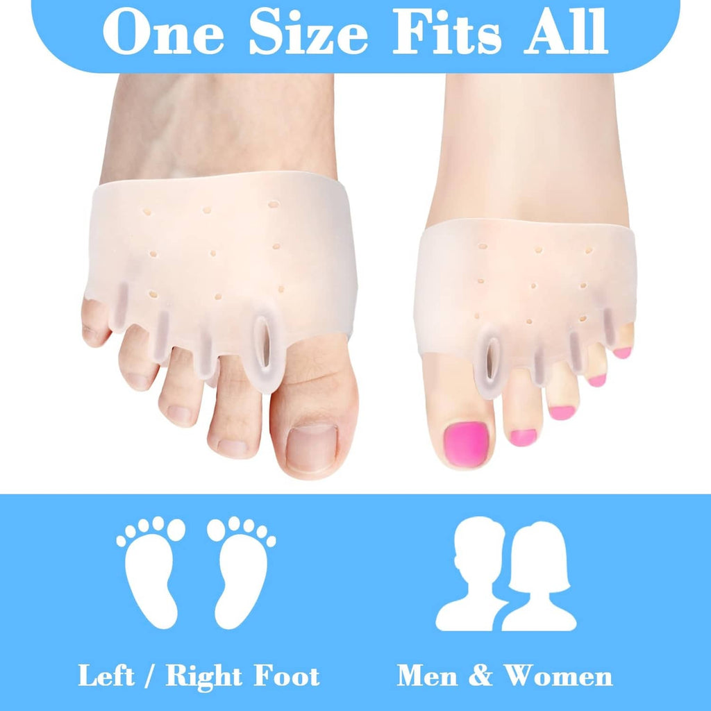 Silicone toe separators worn on feet, clear straps with loop dividers and pink tips