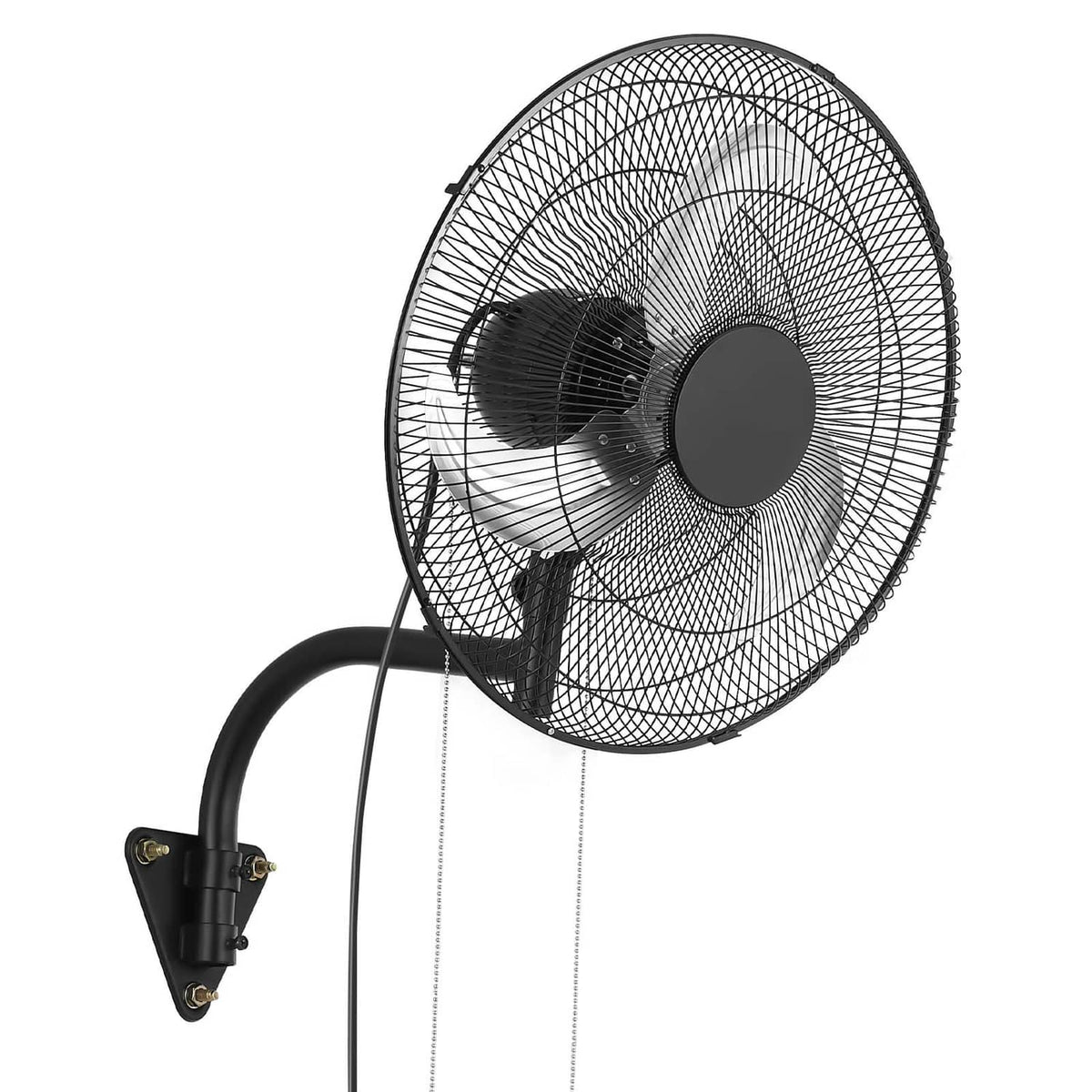 Wall-mounted oscillating fan with 18-inch wire grille, black motor housing, cord
