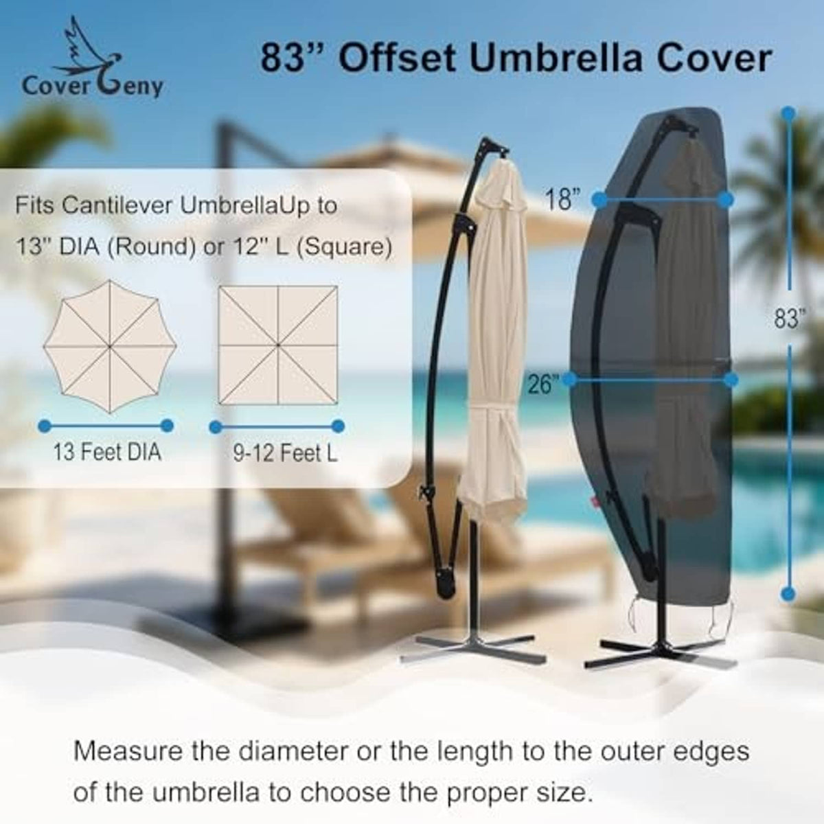 Black umbrella cover on an offset patio stand diagram with size indicators