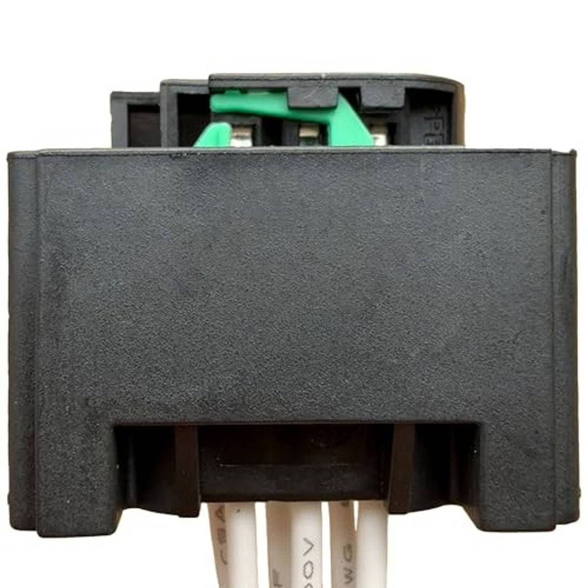 Sensor connector wiring harness housing with green insert and white pin leads