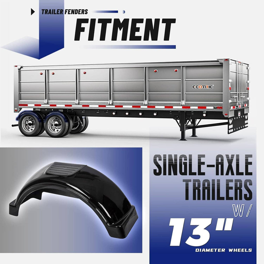 Black trailer fender set for single-axle trailers with 13-inch wheel compatibility (pair)