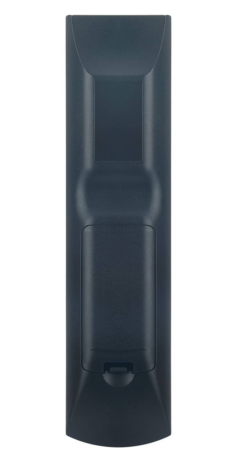 Black remote control back view with battery cover