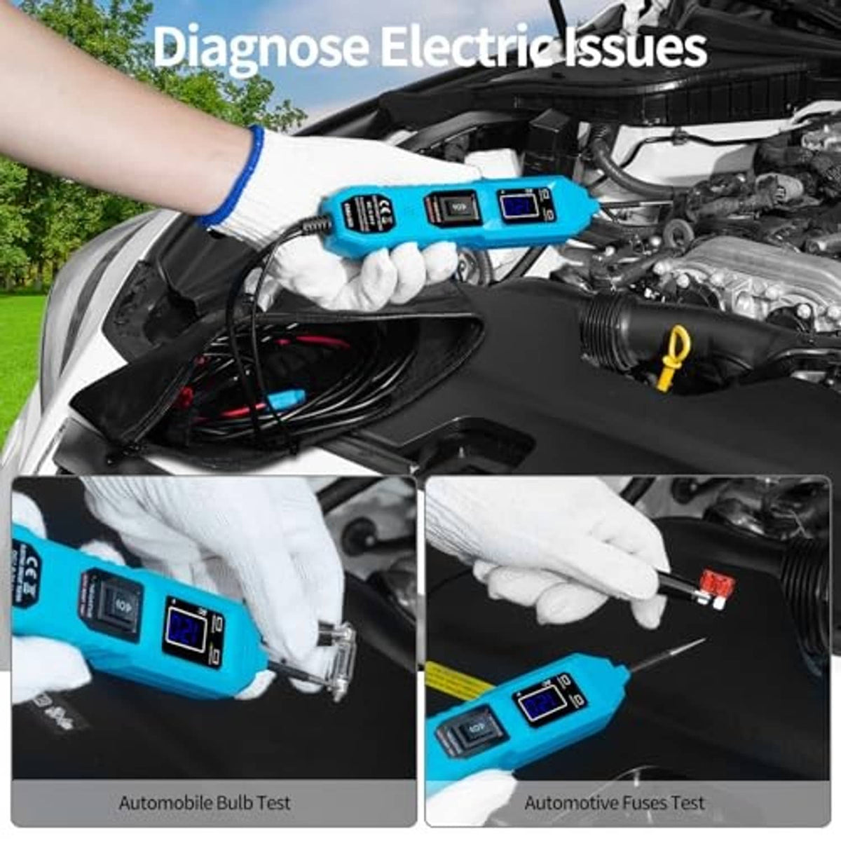 Automotive power probe tester with blue meter and twin probes with insulated leads