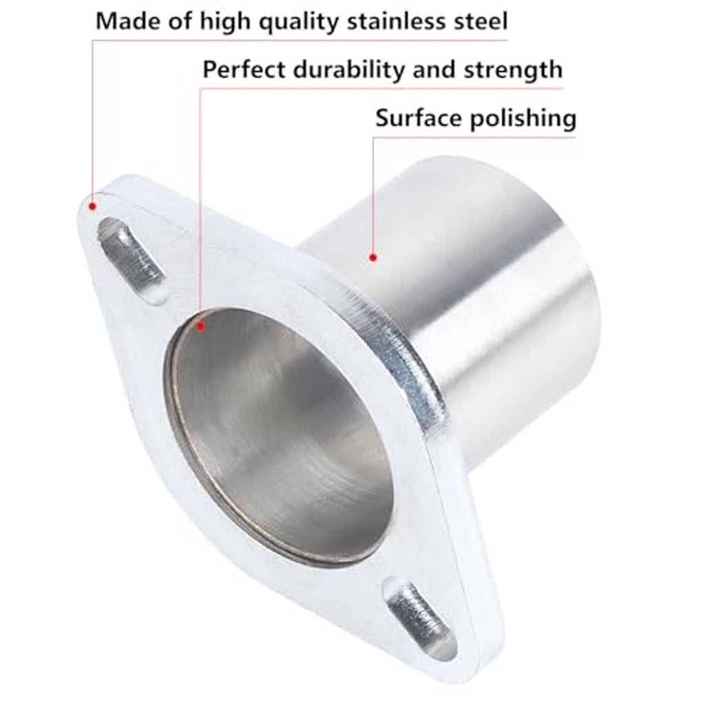 Stainless steel exhaust flange plate with circular opening and bolt holes.