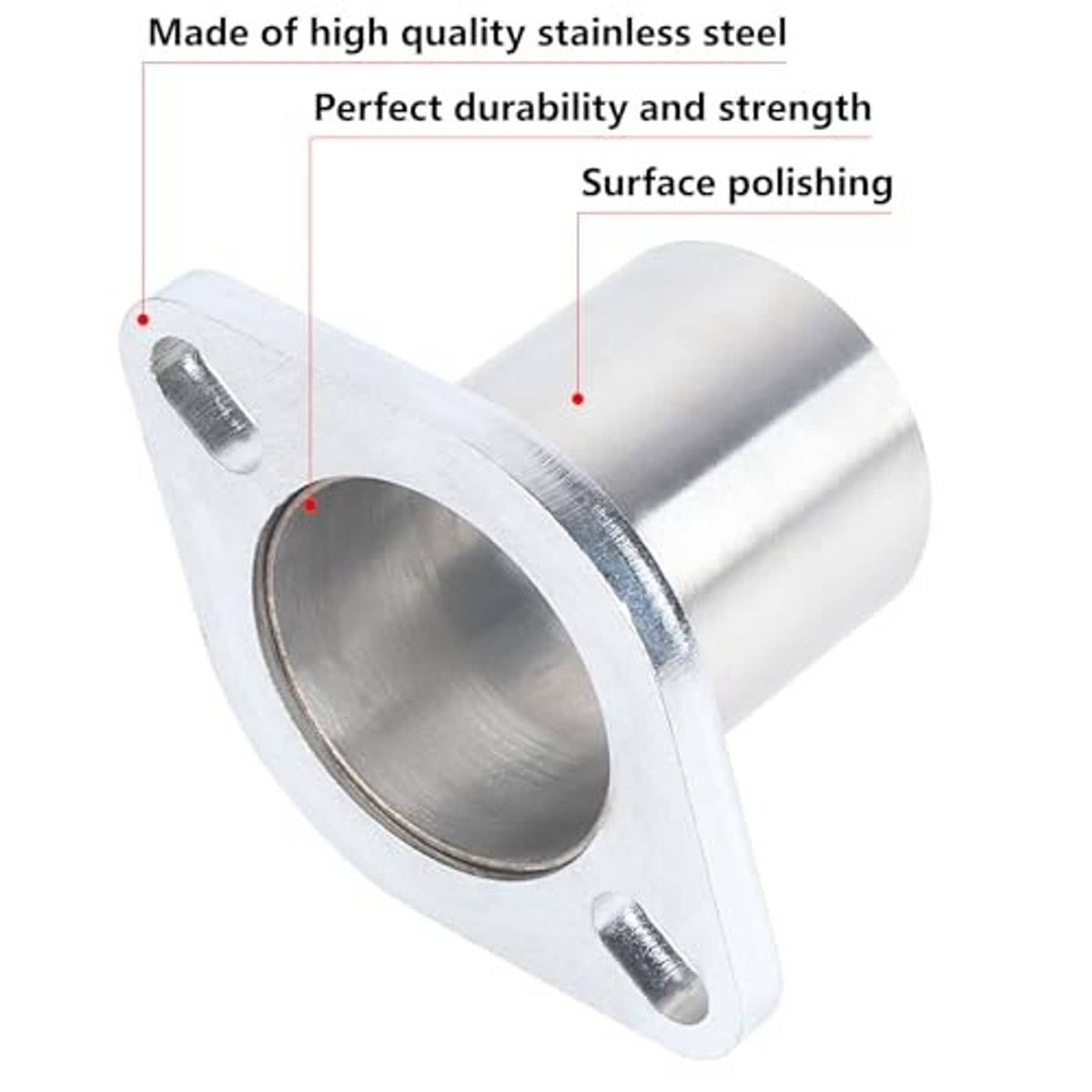 Stainless steel exhaust flange plate with circular opening and bolt holes.