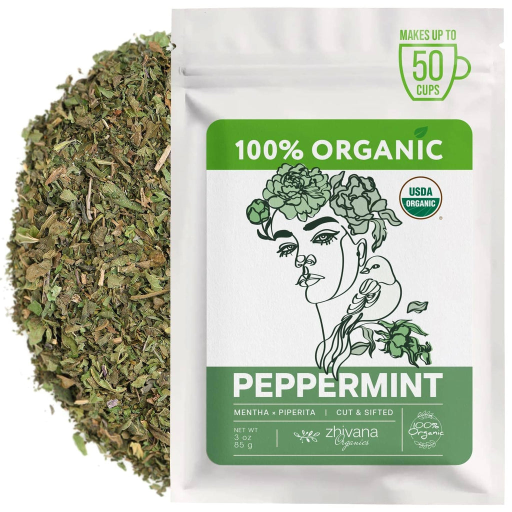 Organic peppermint tea loose leaf pouch with cut peppermint leaves, 3 oz