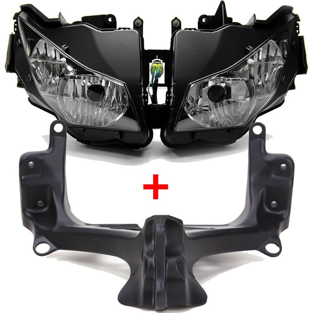 Pair of black headlight housings with integrated inner fairing brackets and wiring ports