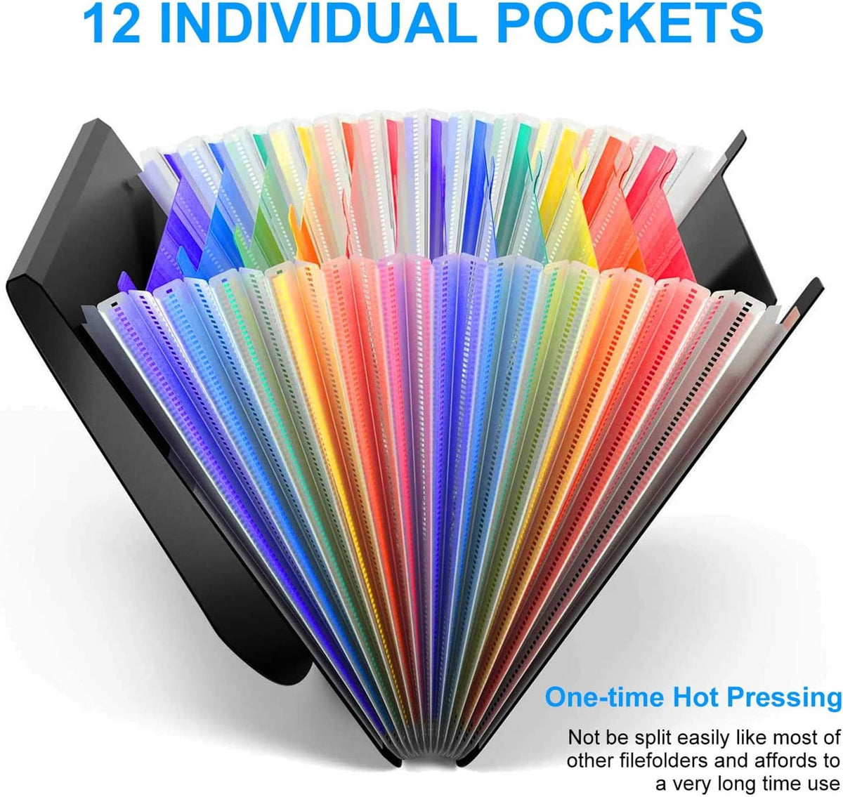 Accordion file folder with 12 individual rainbow-colored pockets