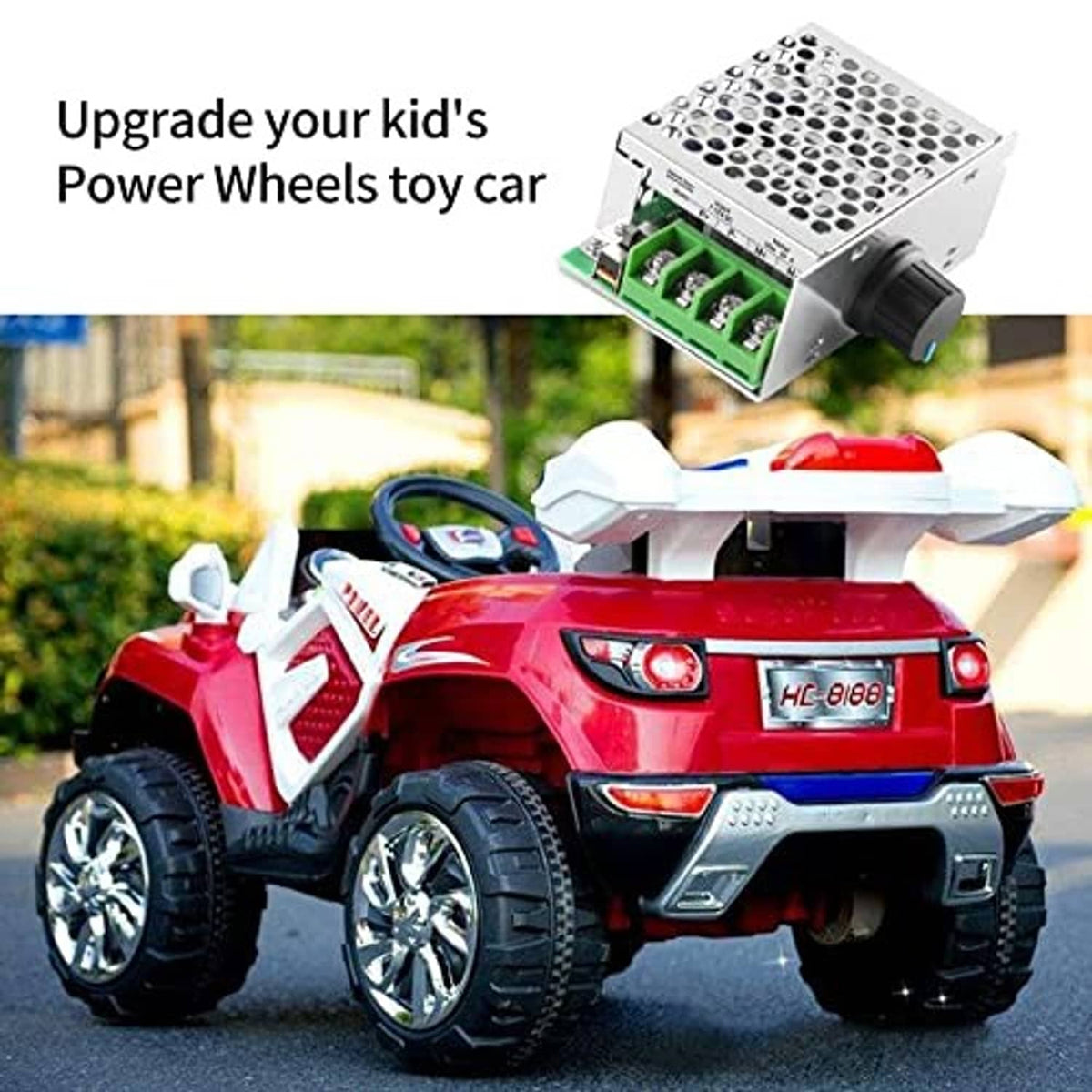 DC motor speed controller mounted on a kids power wheels toy car