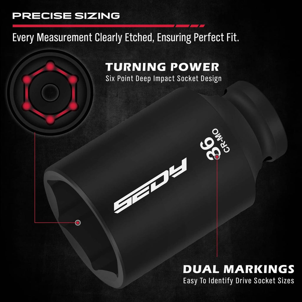 Deep impact socket with six-point drive and dual size markings
