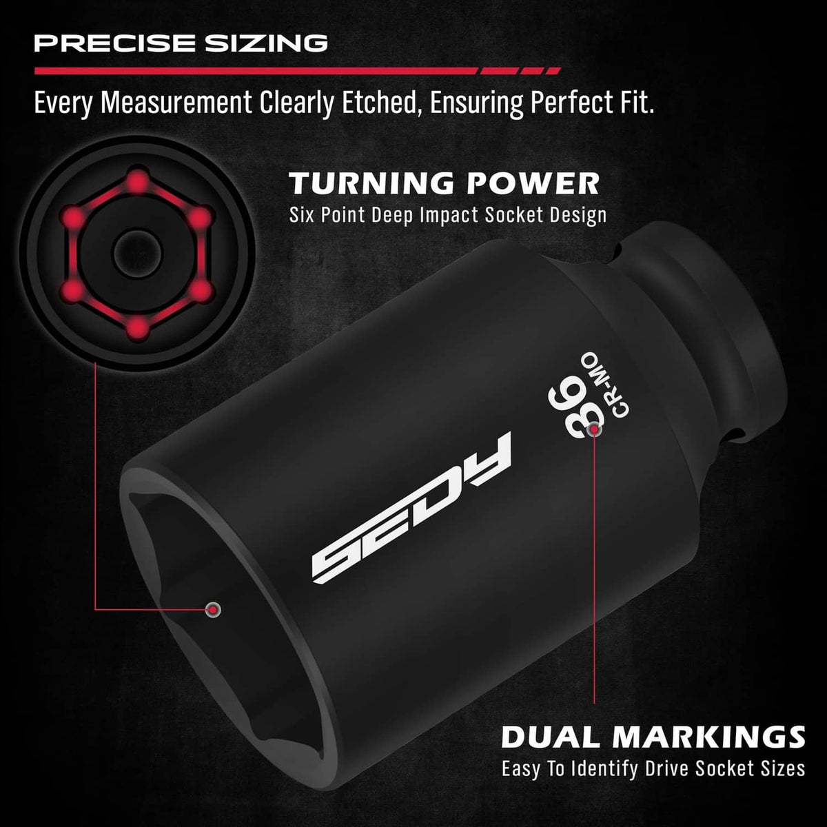 Deep impact socket with six-point drive and dual size markings