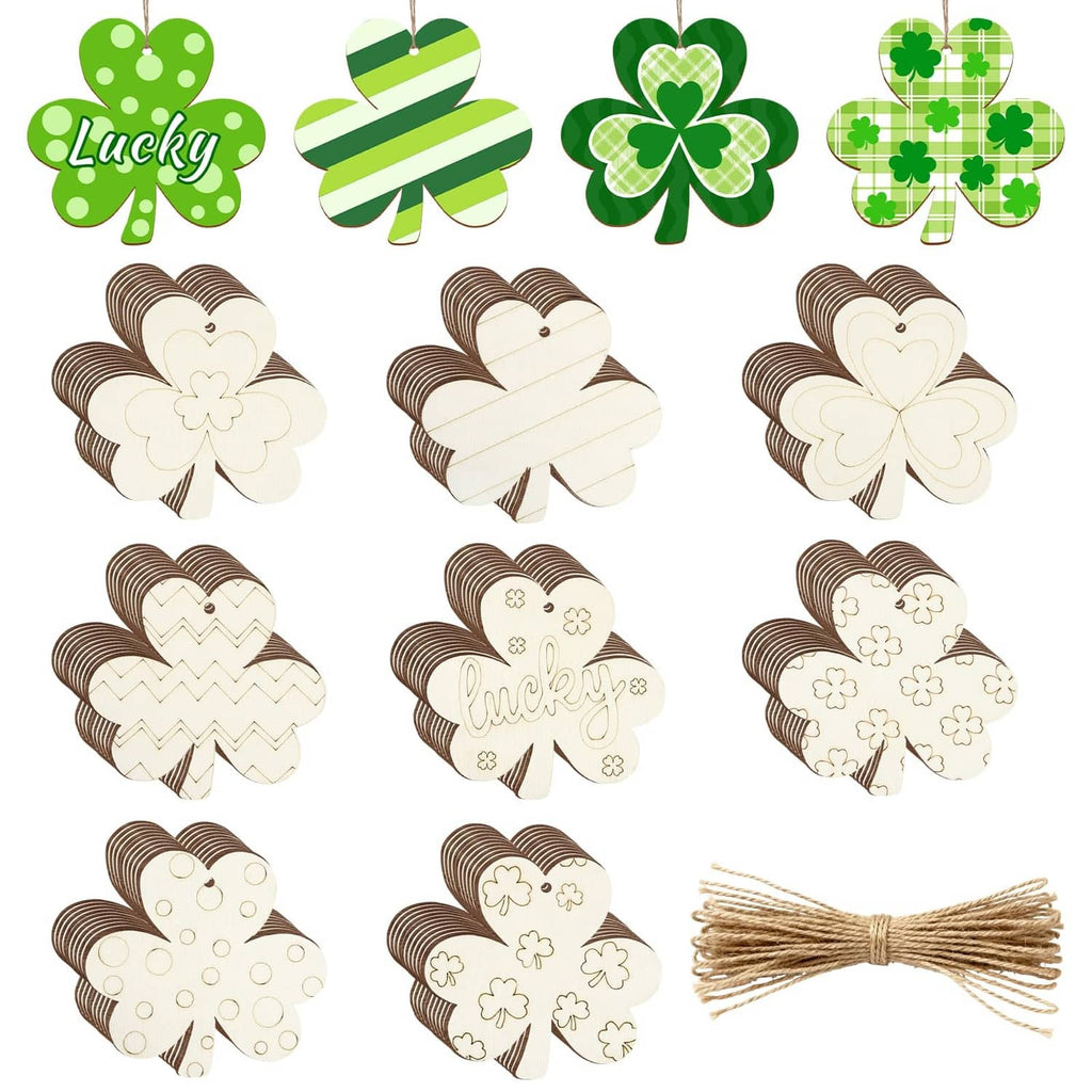 Pack of wooden shamrock ornaments for painting, with hemp rope bundle
