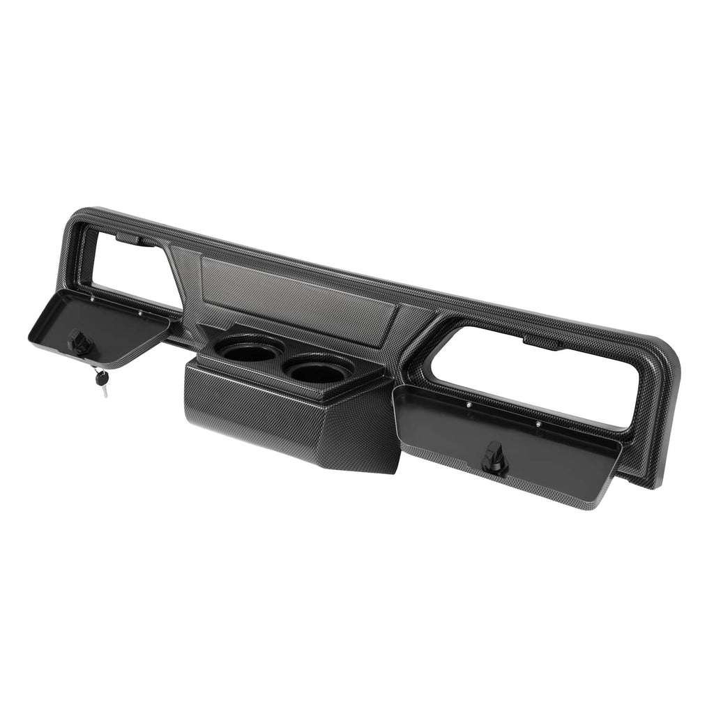 Carbon fiber-style dashboard dash cover with two cup holes, side compartments, and key lock