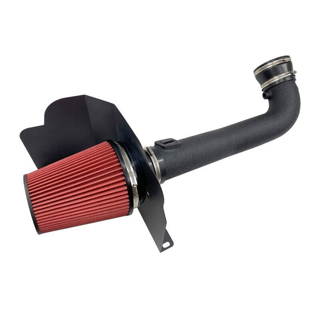Red pleated cone air filter with black intake tube and bracket for air intake