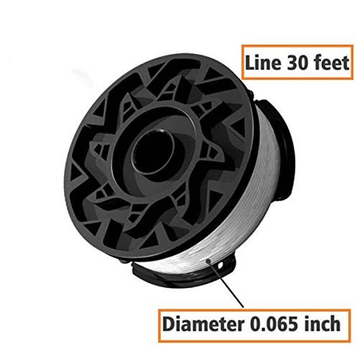 Close-up black trimmer spool with white filament line on a round reel