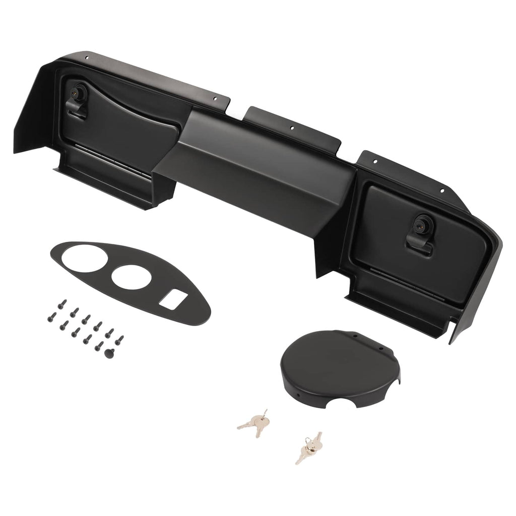 Matte black dash board cover assembly, side angle view with included mounting pieces.