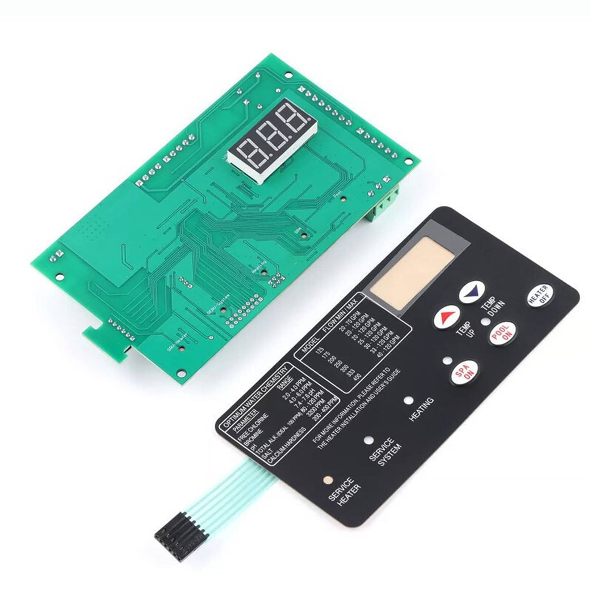 Green circuit PCB and black membrane control panel with ribbon cable for Pentair heater