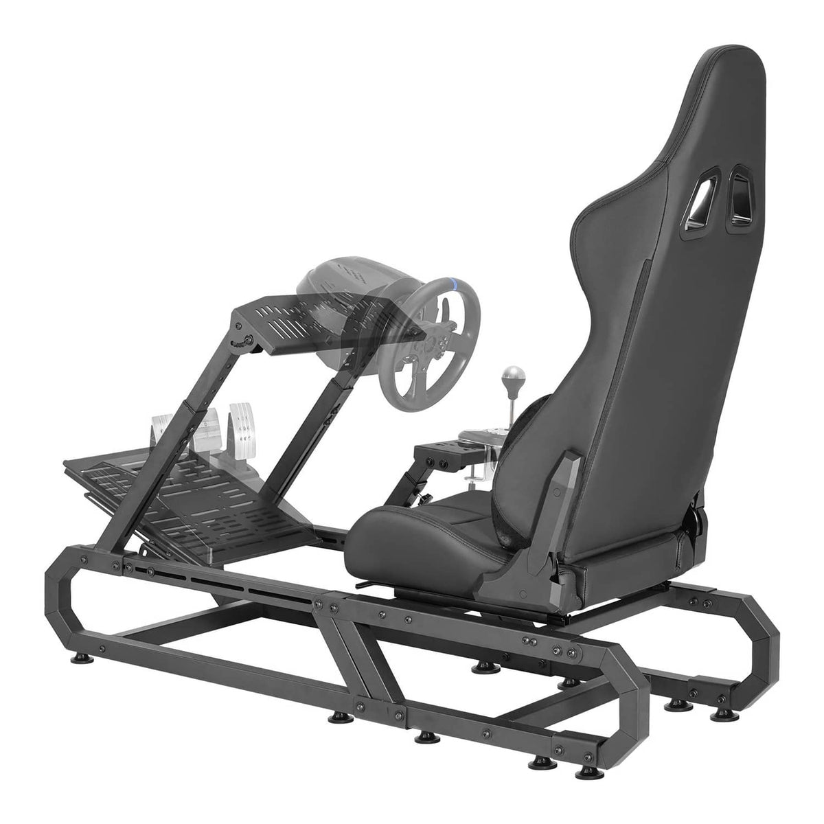 Black racing simulator cockpit frame with steering wheel mount and contoured seat.