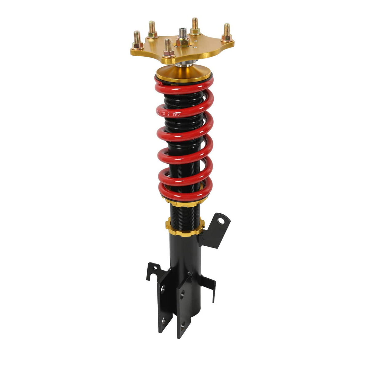 Single coilover shock with red spring, gold upper mount plate, black strut body