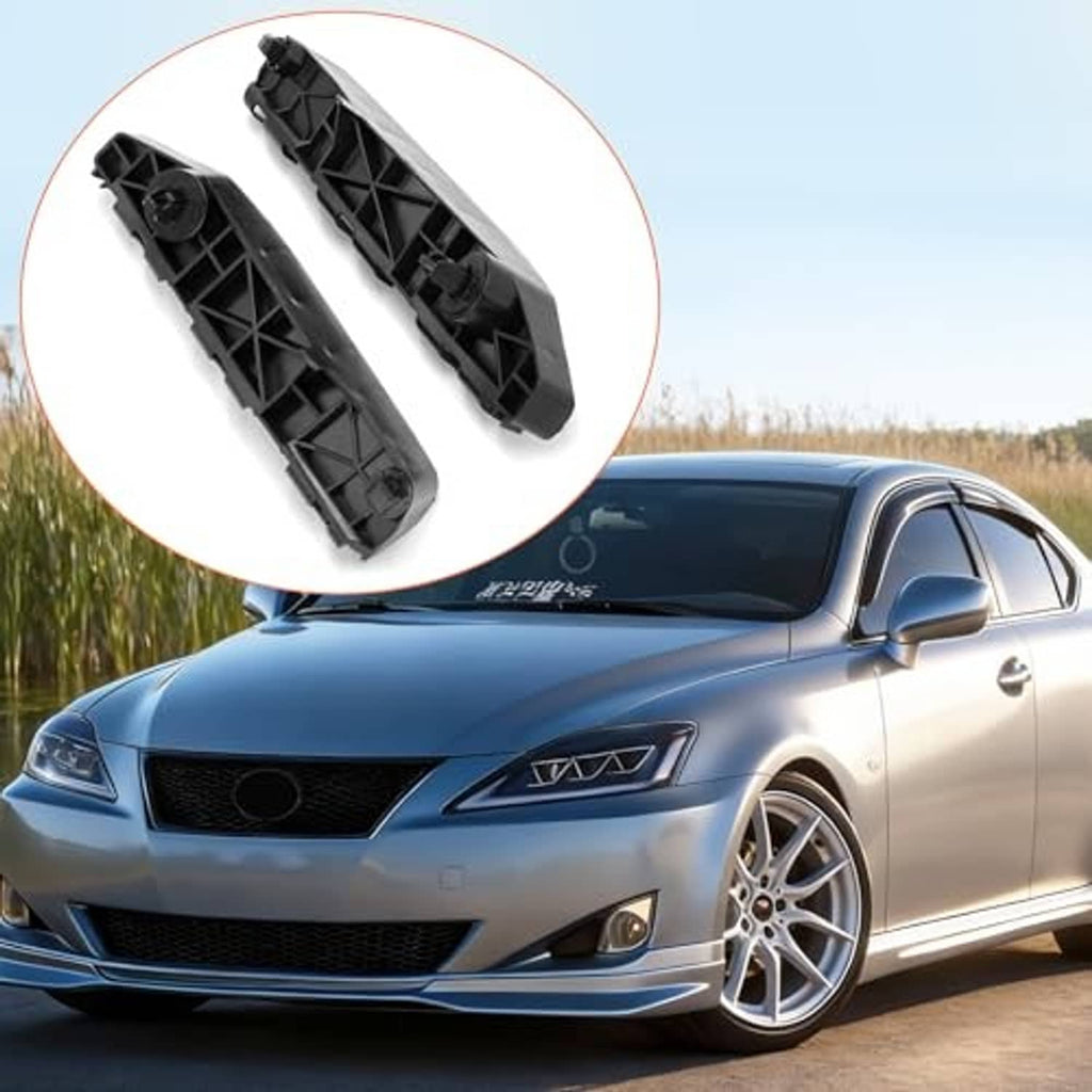 Front bumper bracket set, black plastic pair with round mounting caps and ribbed channels