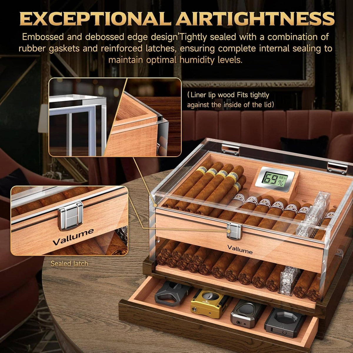 Airtight clear acrylic cigar humidor with sealed latch, digital hygrometer, open storage trays