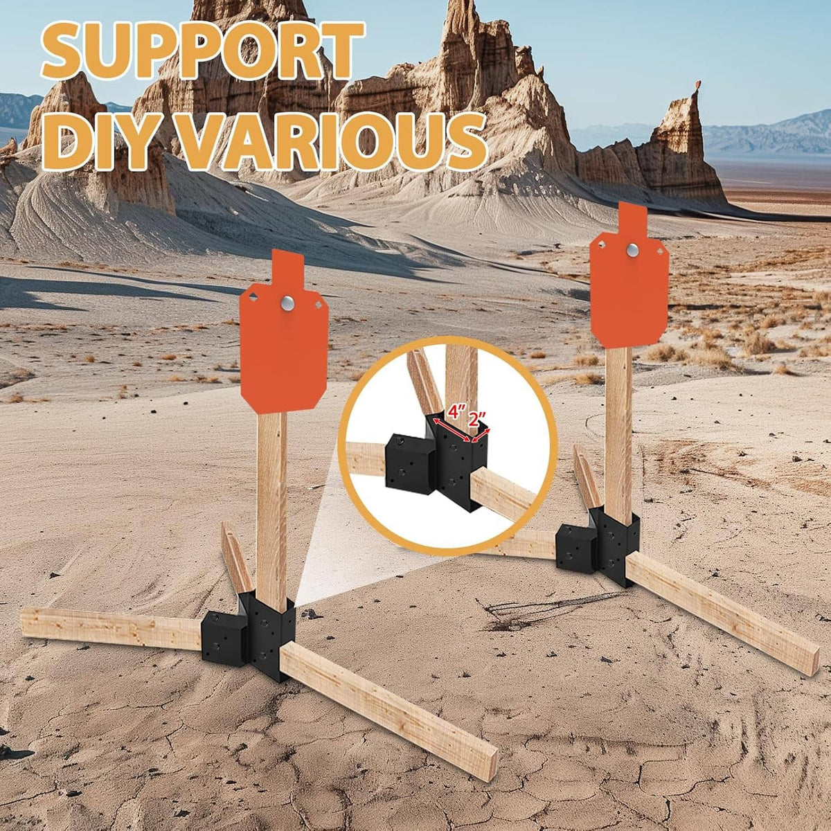 Outdoor shooting target stand brackets with orange tags, black bases, and wood posts