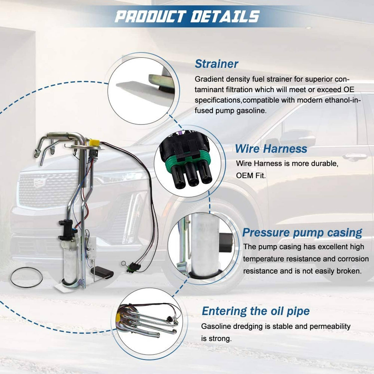 Fuel pump module assembly parts diagram: strainer, wire harness, pressure pump casing, seal