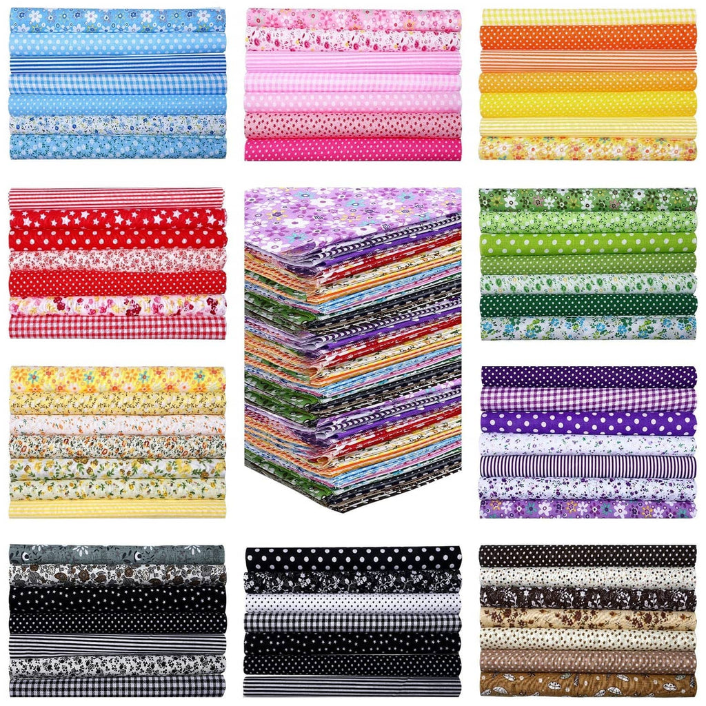 Multicolor cotton fabric squares, stacked with stripes and small printed patterns