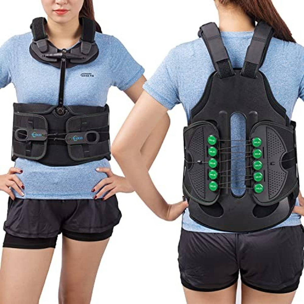 Black thoracic back brace with front hinges and green indicator lights worn over a shirt
