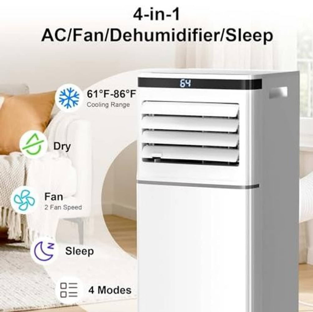 White portable air conditioner front vent showing cooling, dry, fan, and sleep modes