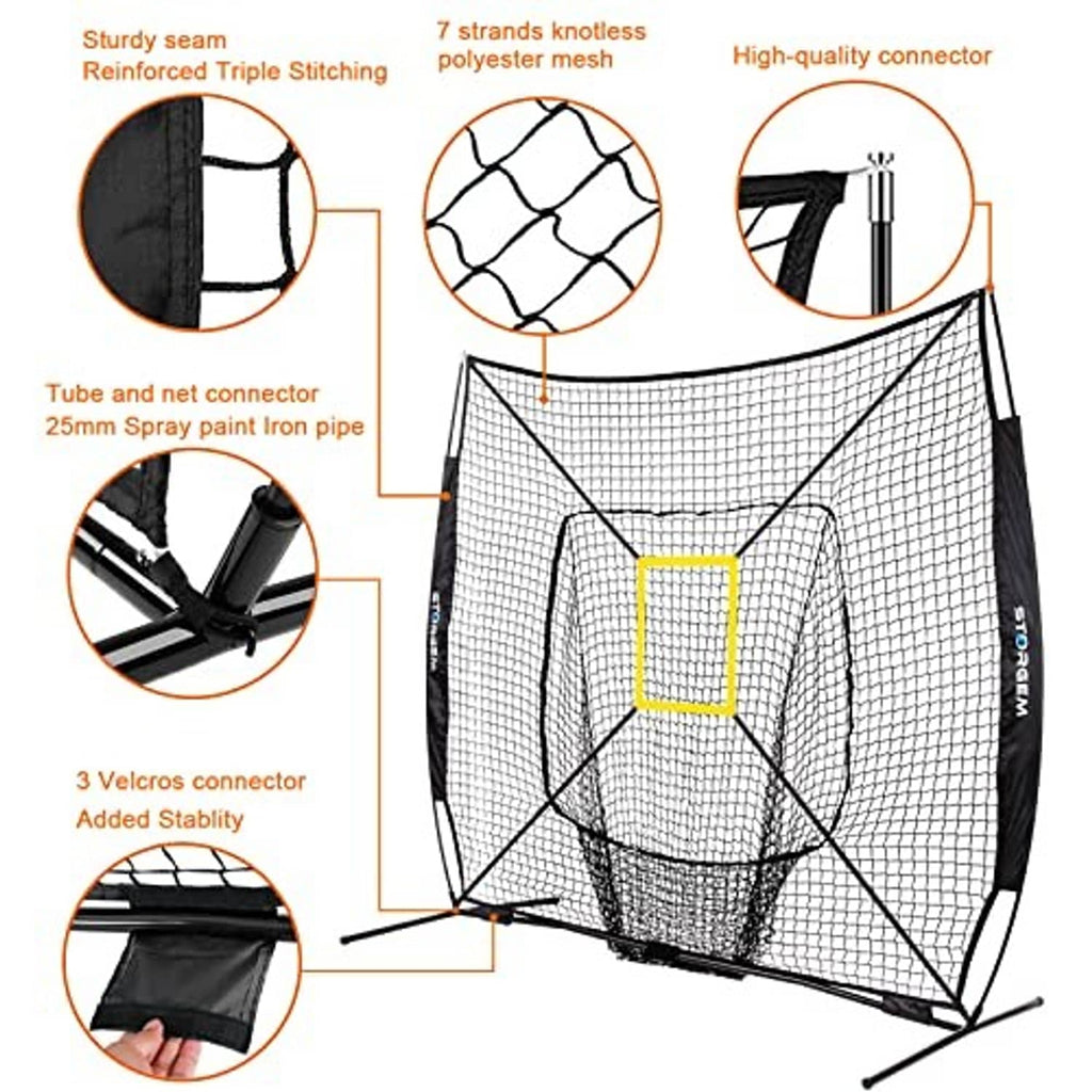 Black practice net with yellow target panel and reinforced mesh with tube frame