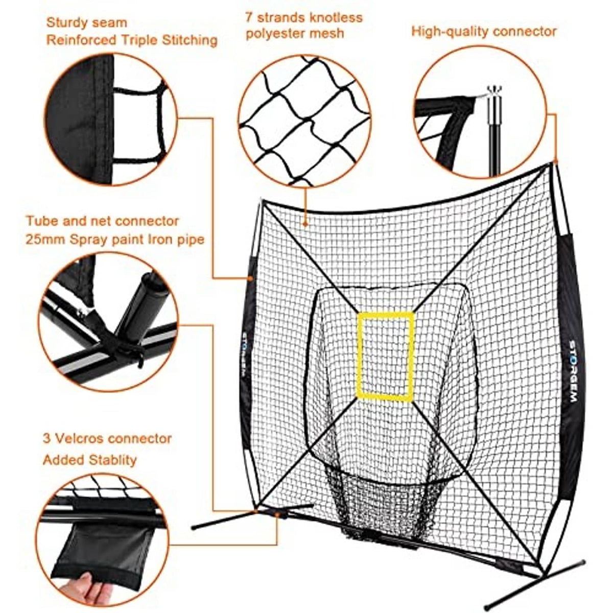 Black practice net with yellow target panel and reinforced mesh with tube frame