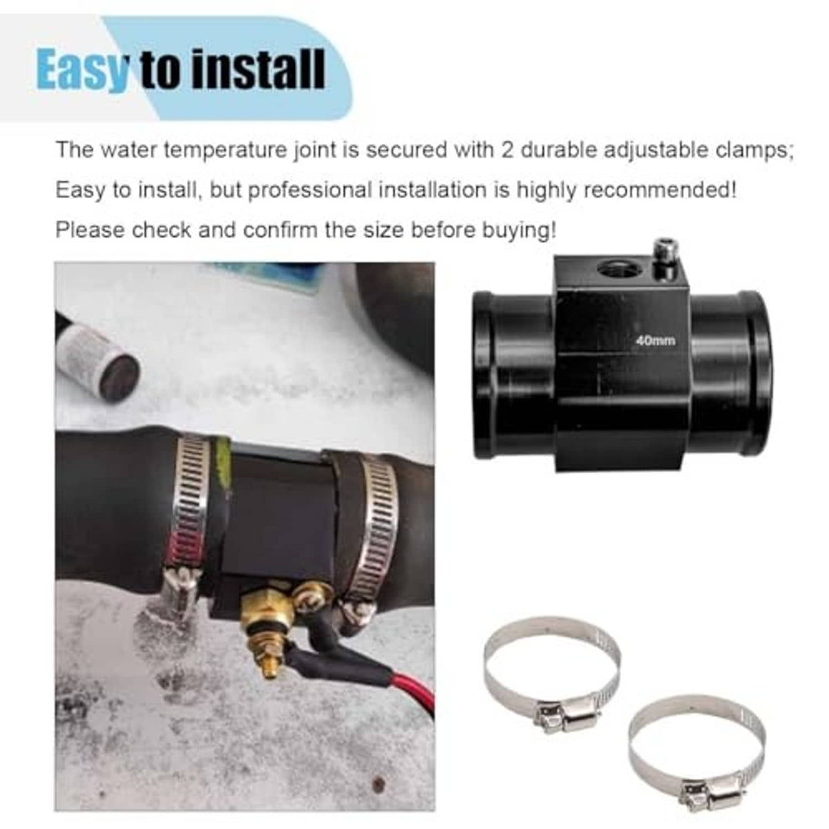 Water temperature joint pipe shown with two adjustable metal hose clamps and hose connection