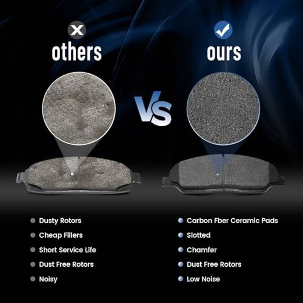 Comparison view of ceramic brake pads with gray friction material and metal backing