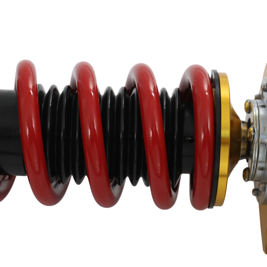 Coilover spring and damper section with black coils and red spring, gold end ring