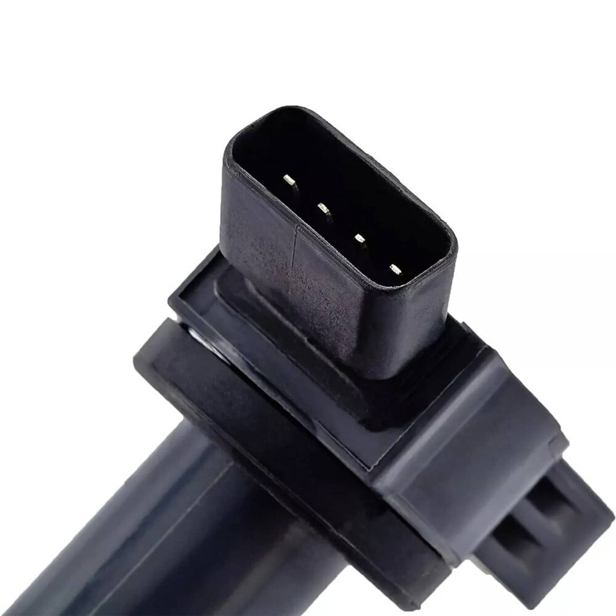 Ignition coil connector end with rectangular housing and exposed pin holes
